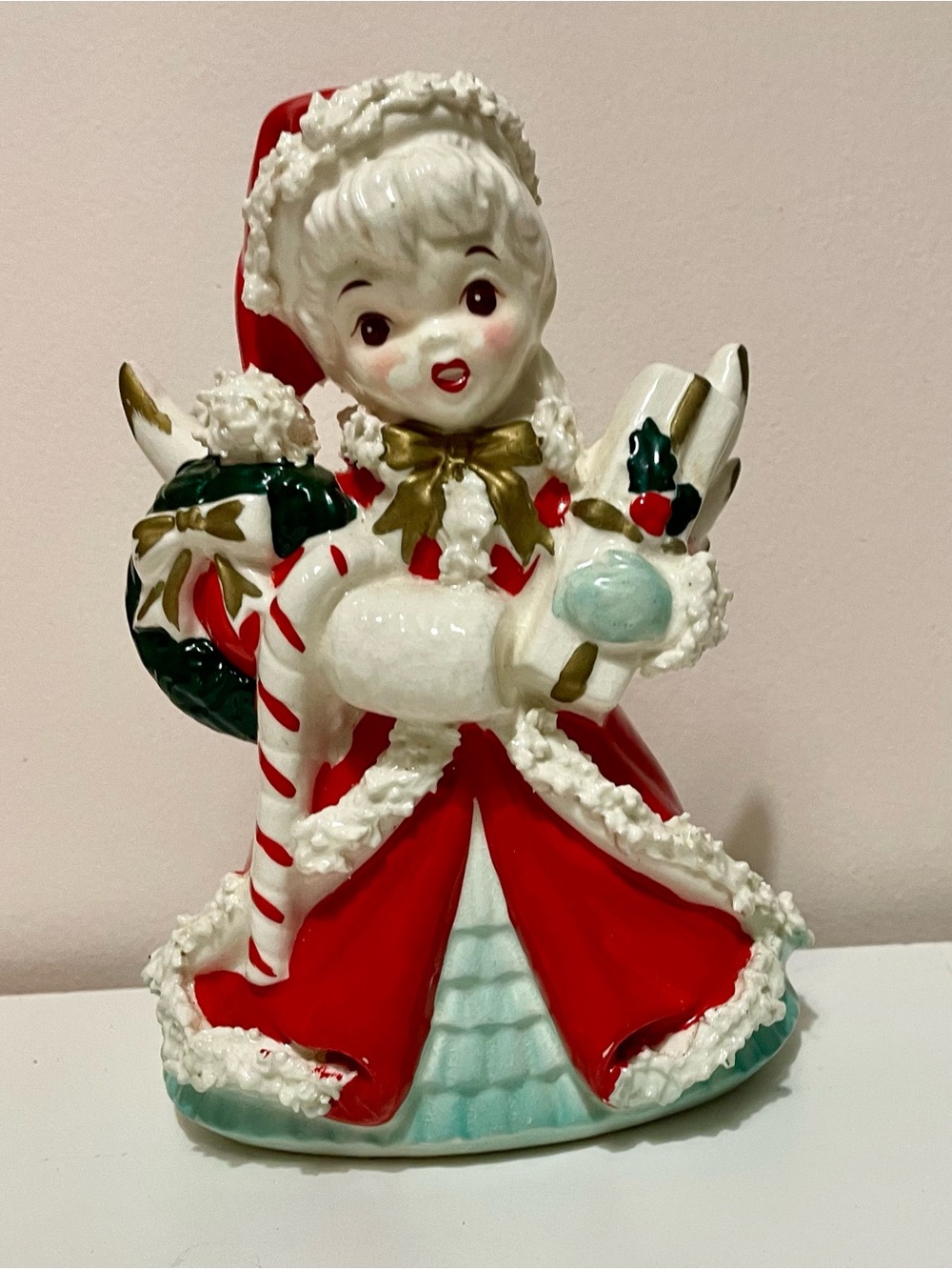 1950's Napco Japan S1699 Spaghetti Trim Christmas Angel Shopping Girl  Planter